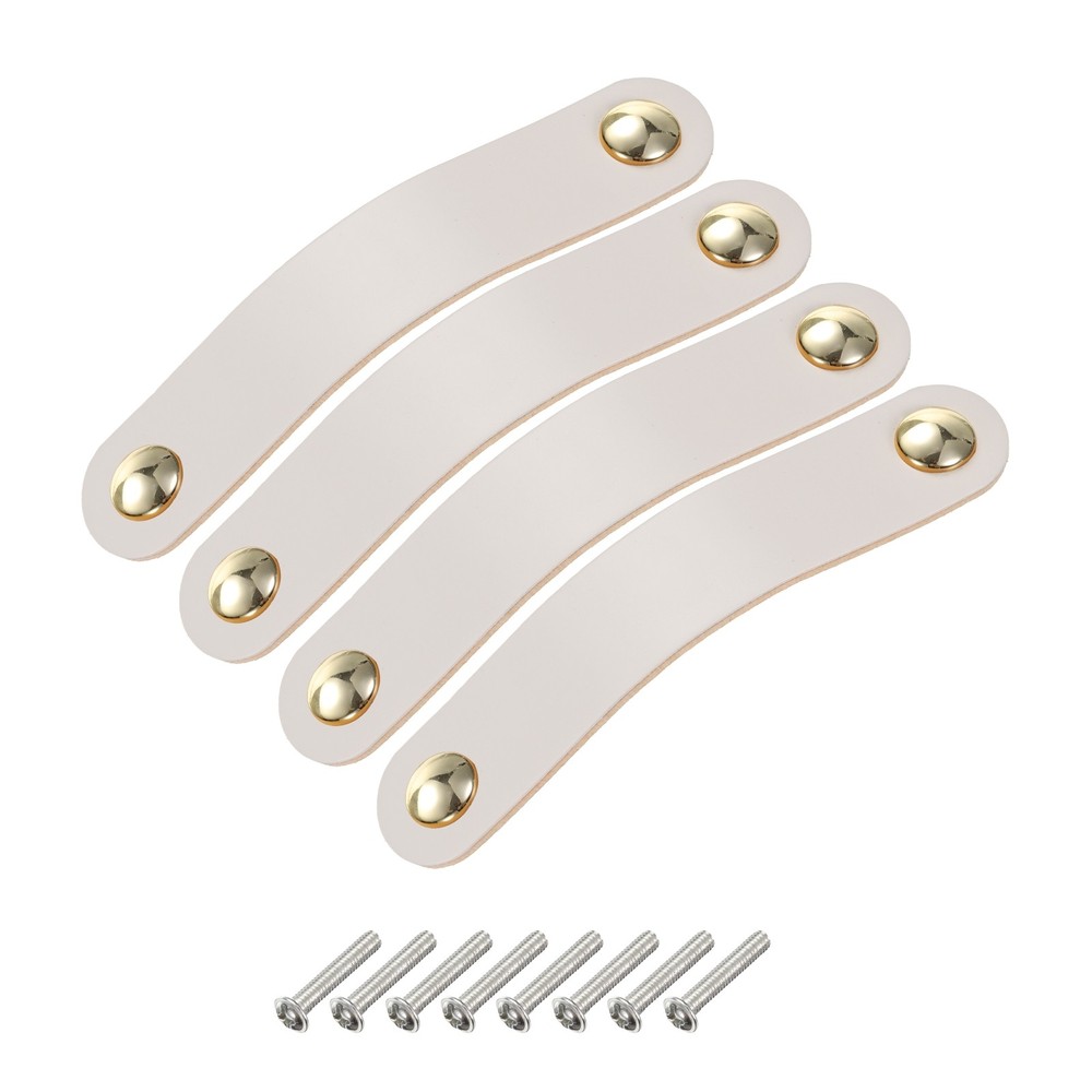 4 Packs Leather Drawer Pulls Double Hole Knobs, Cream/Gold(Hole Spacing:96mm)