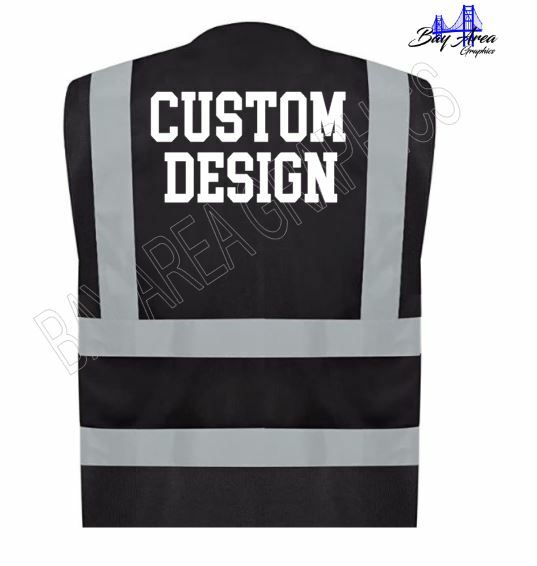 Custom Text Black Safety Vest High Visibility White Design REFLECTIVE 2"Strips