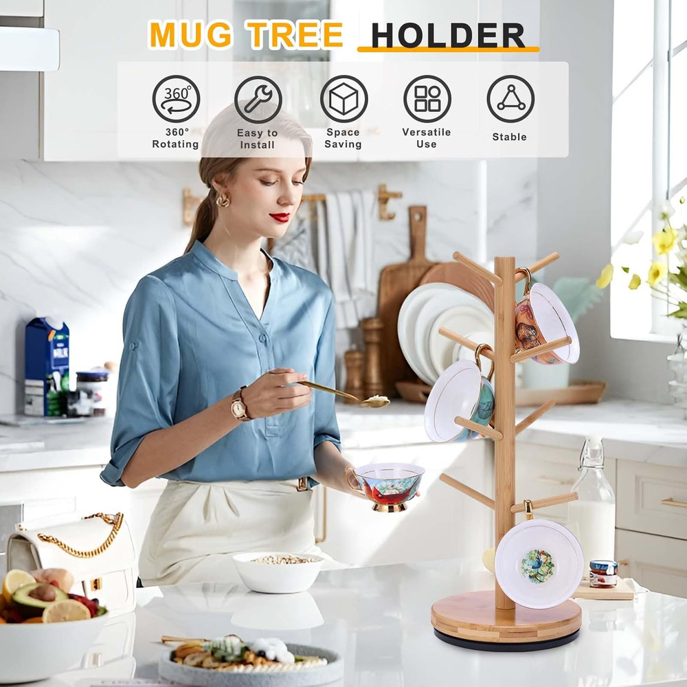 Mug Holder Tree Upgraded 360° Rotated 8 Hooks Coffee Holders for Counter Bamboo