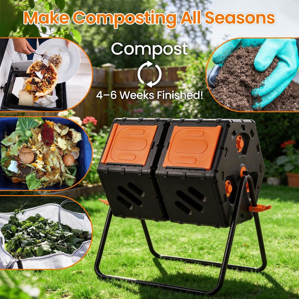 Large Chamber Compost Tumbler Composter with 2 Sliding Doors Fast-Working