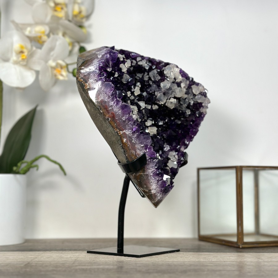 Amethyst Crystal Cluster with Calcites Formations on Stand. MWS2630