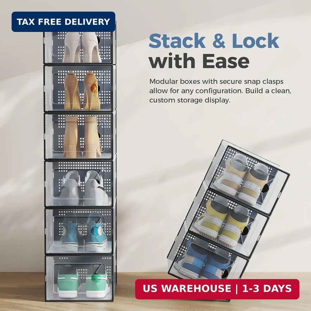 DUMOS Shoe Storage Boxes, 12-Pack Stackable Clear Shoe Containers with Lids, Dis