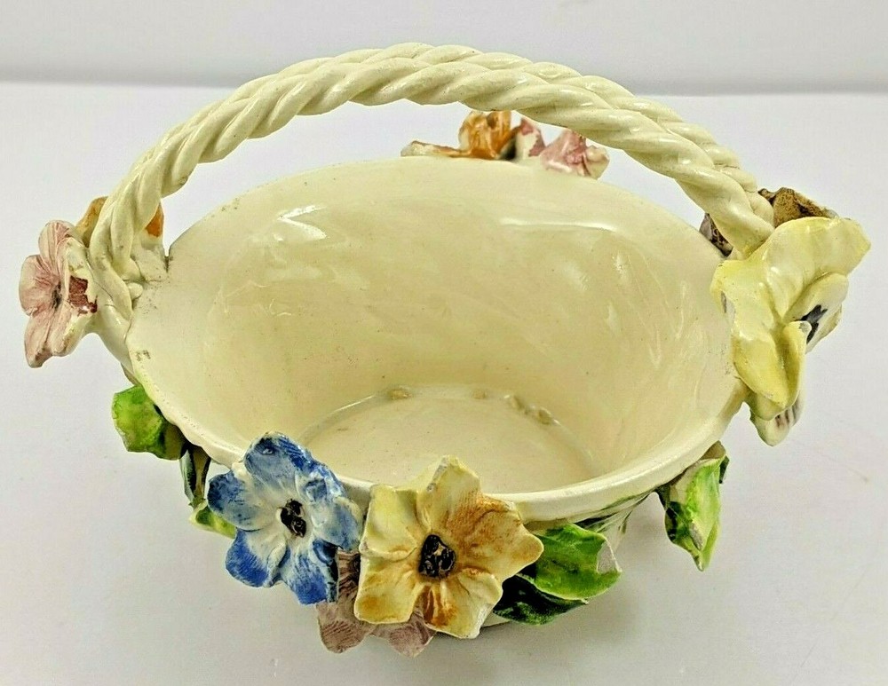 Vintage Ceramic Flowered Basket Braided Handle Italy