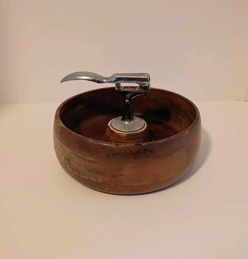 Vintage Wood Nut Bowl With Nutcracker Attached