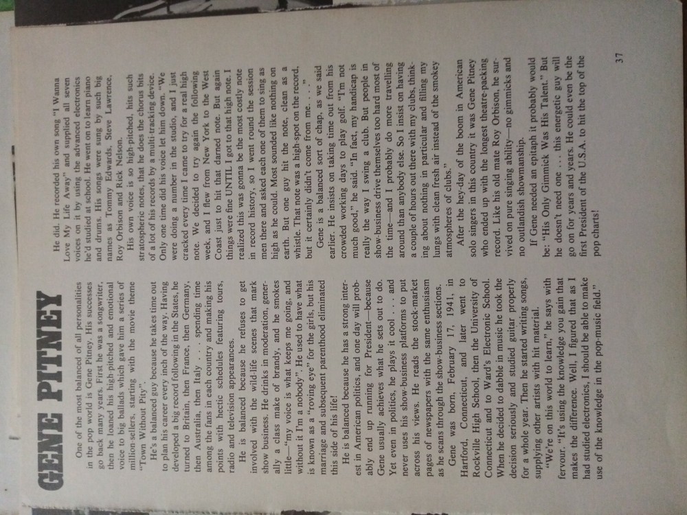 B9o Ephemera 1970 article gene Pitney