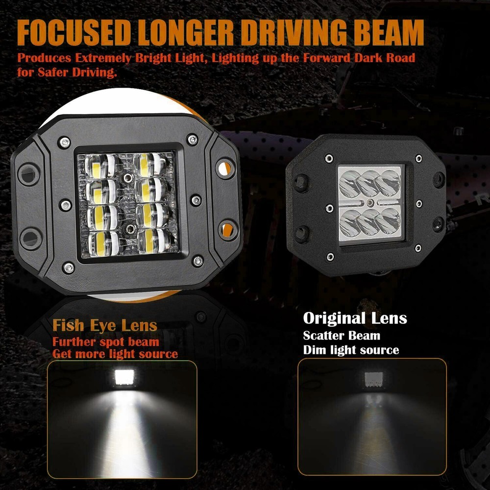 4x 5" Flush Mount LED Work Lights Cube Pods Offroad Driving Backup Reverse+ Wire