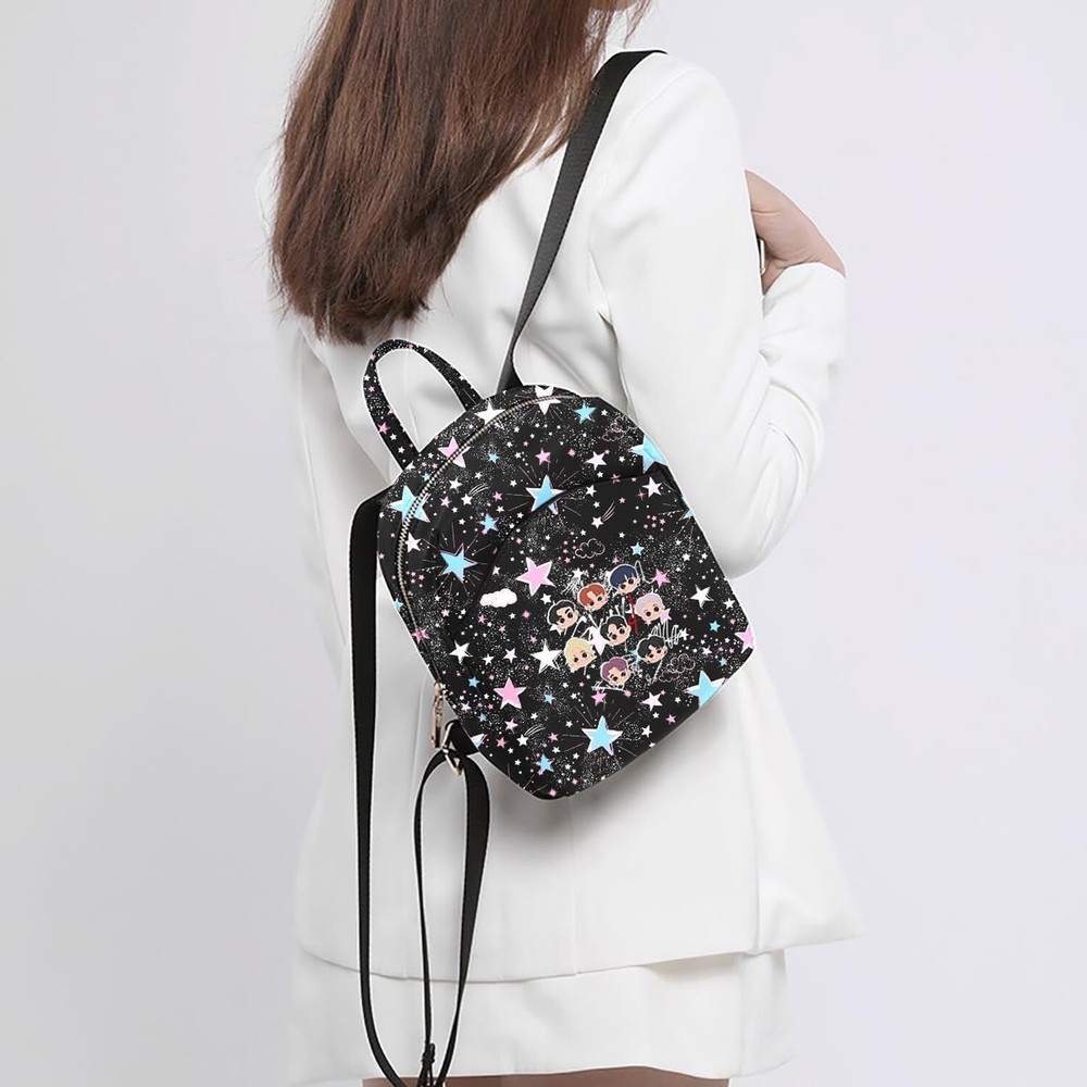 Glittery Stars and Clouds Printed Backpack with Adjustable Straps, Black, Pin...