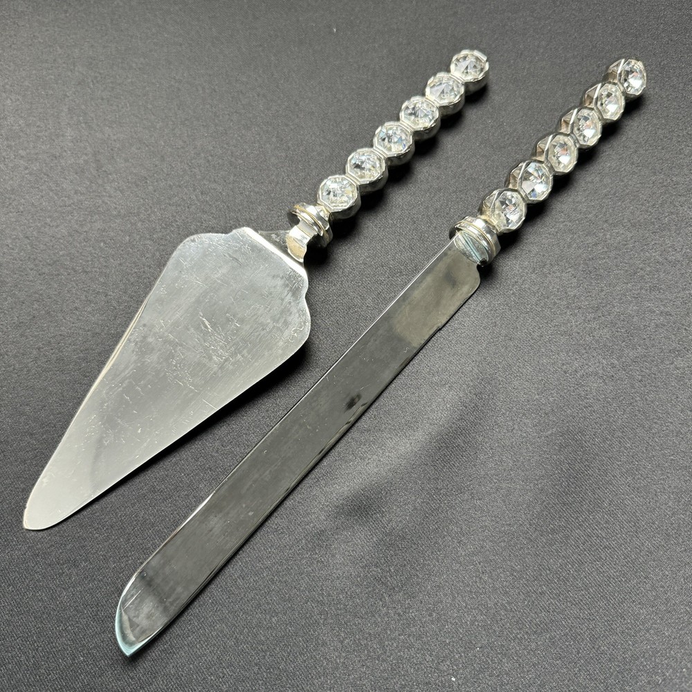 Wedding Reception Cake Knife Server Set Faceted Crystal & Silverplate Stainless