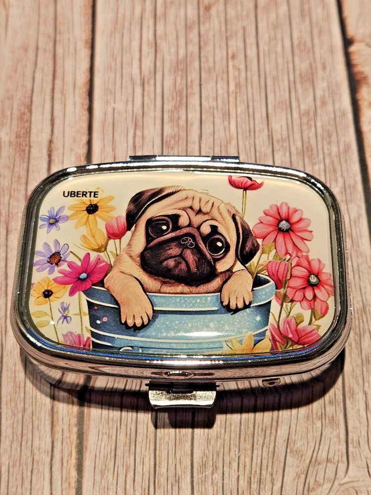 Pug Pill Box 2 Compartment Silver Tone Rectangular New