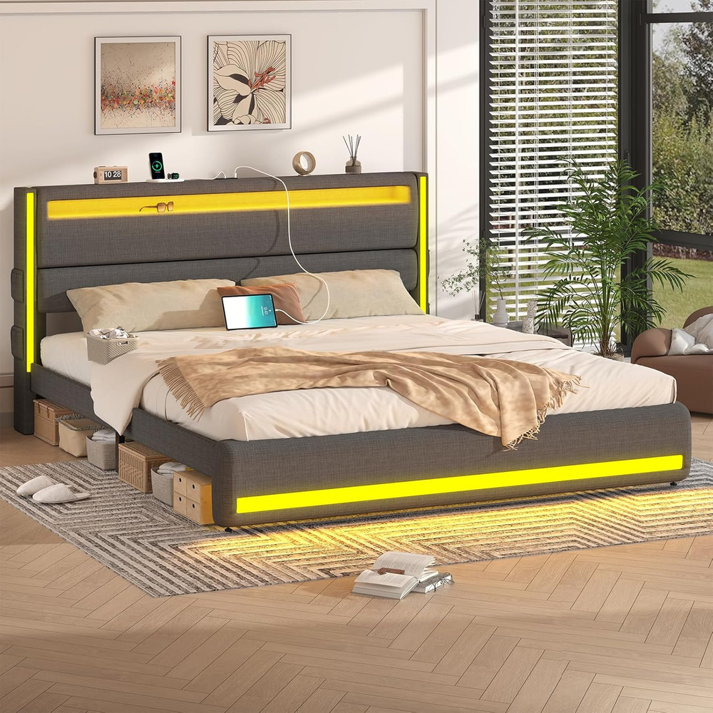King Size Bed Frame and Adjustable Headboard, Light up King Size Platform Bed Fr