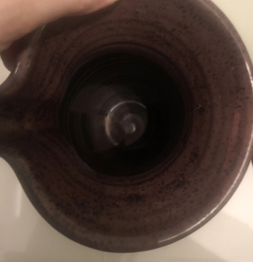 Art Pottery Ceramic Pitcher Rustic Drip Glaze Ribbed Pattern Scroll Handle 11.5”