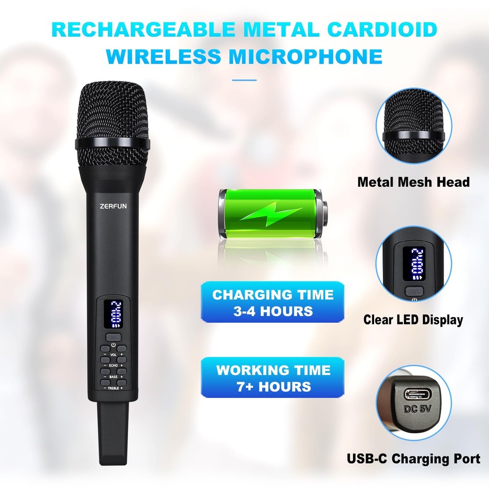 Rechargeable Wireless Microphone, Handheld Cordless Mics System Dynamic with ...
