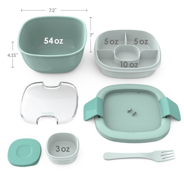 Salad Container Lunch Bowl Stackable Large 54-Oz Bentgo AQUA 4-Compartment
