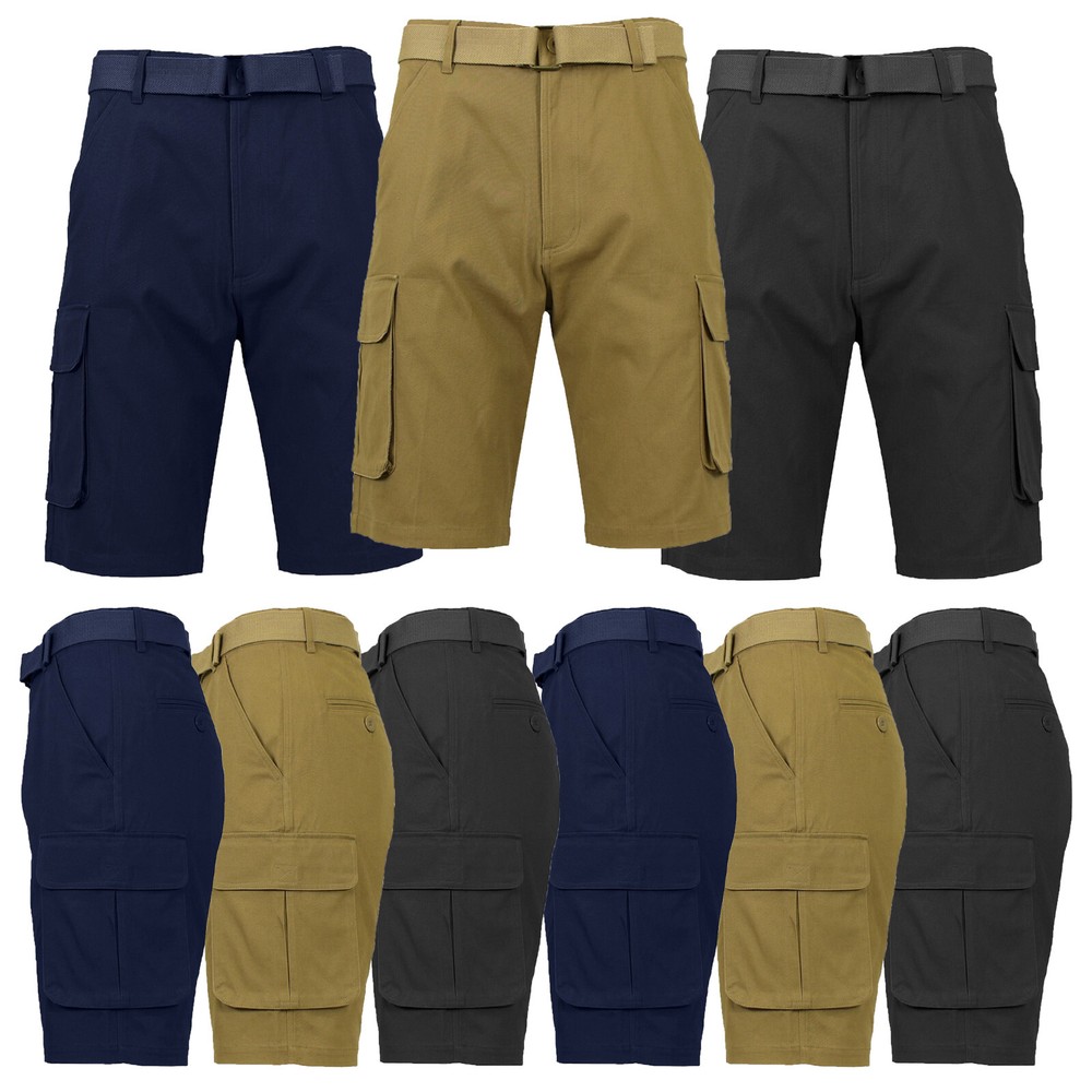 Chino Dress Cargo Shorts Mens FLEX STRETCH Belted Flat Front Hidden Back Pockets