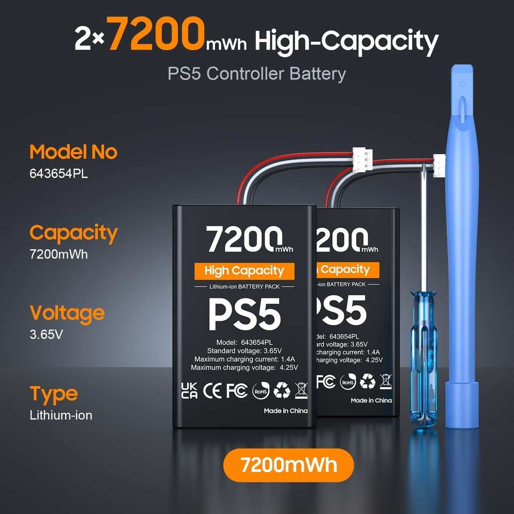 PS5 Controller Battery, High Capacity 2x7200mWh Rechargeable black