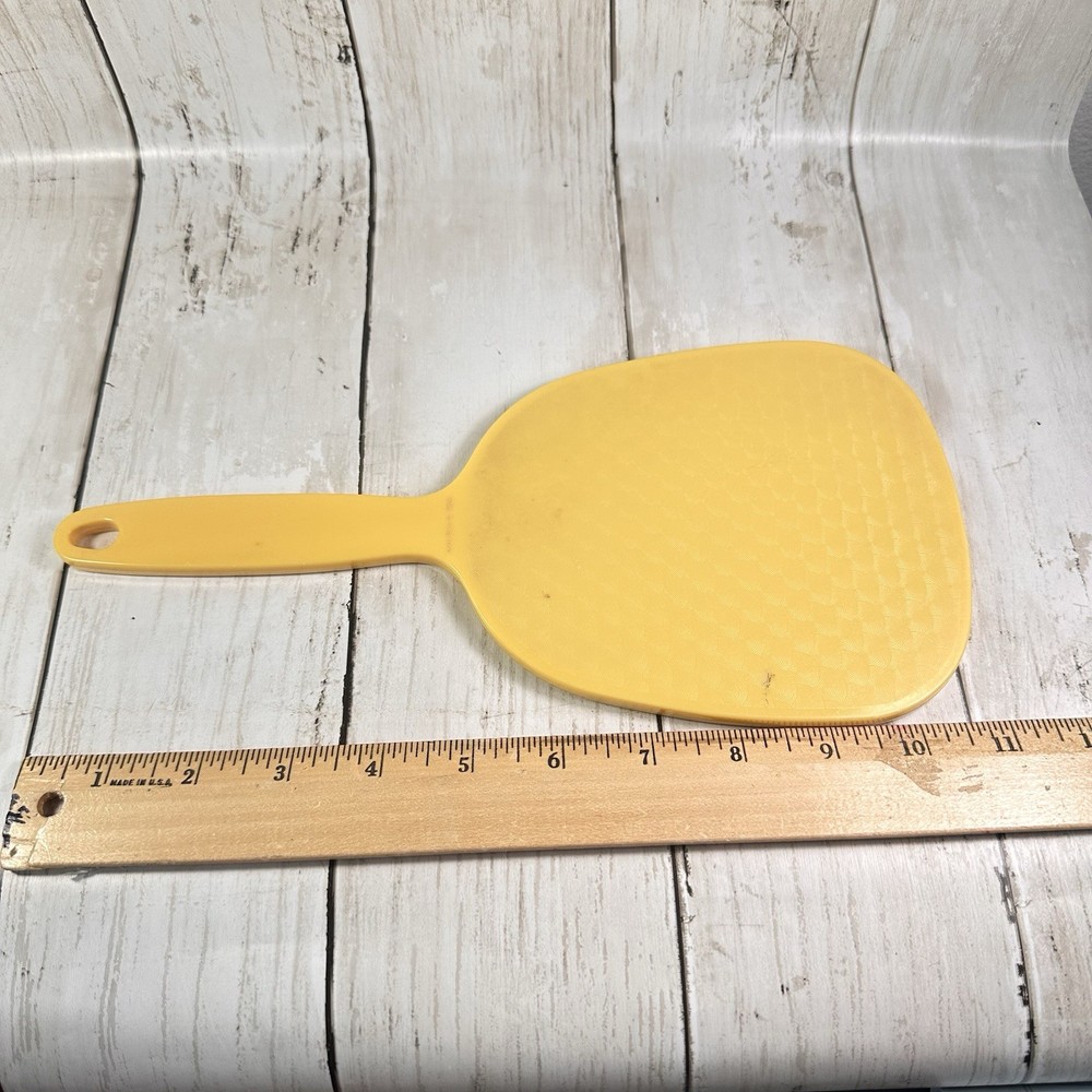 Beige Hand Mirror Plastic 11” Rectangular Textured Back Vintage Hong Kong