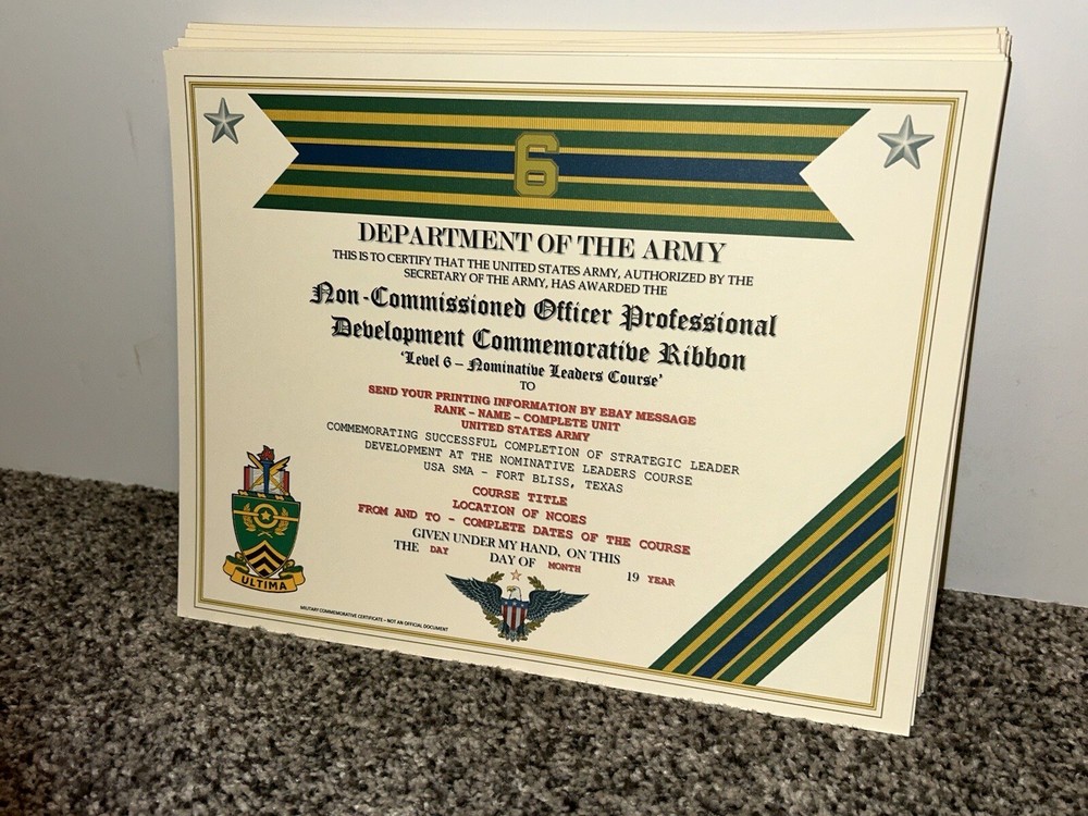 NCO PROFESSIONAL DEVELOPMENT LV-6 COMMEMORATIVE CERTIFICATE ~ W/PRINTING TYPE-1