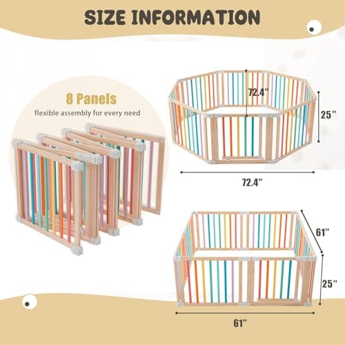Baby Wooden Playpen, Foldable Shape & Size Adjustable 8 Panel Multicolor
