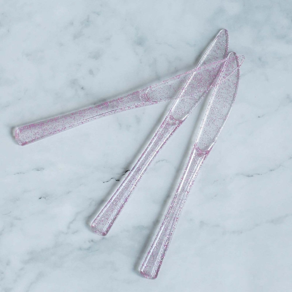 Clear Blush Glittered Dinner Knives Set Disposable Tableware Wedding Party