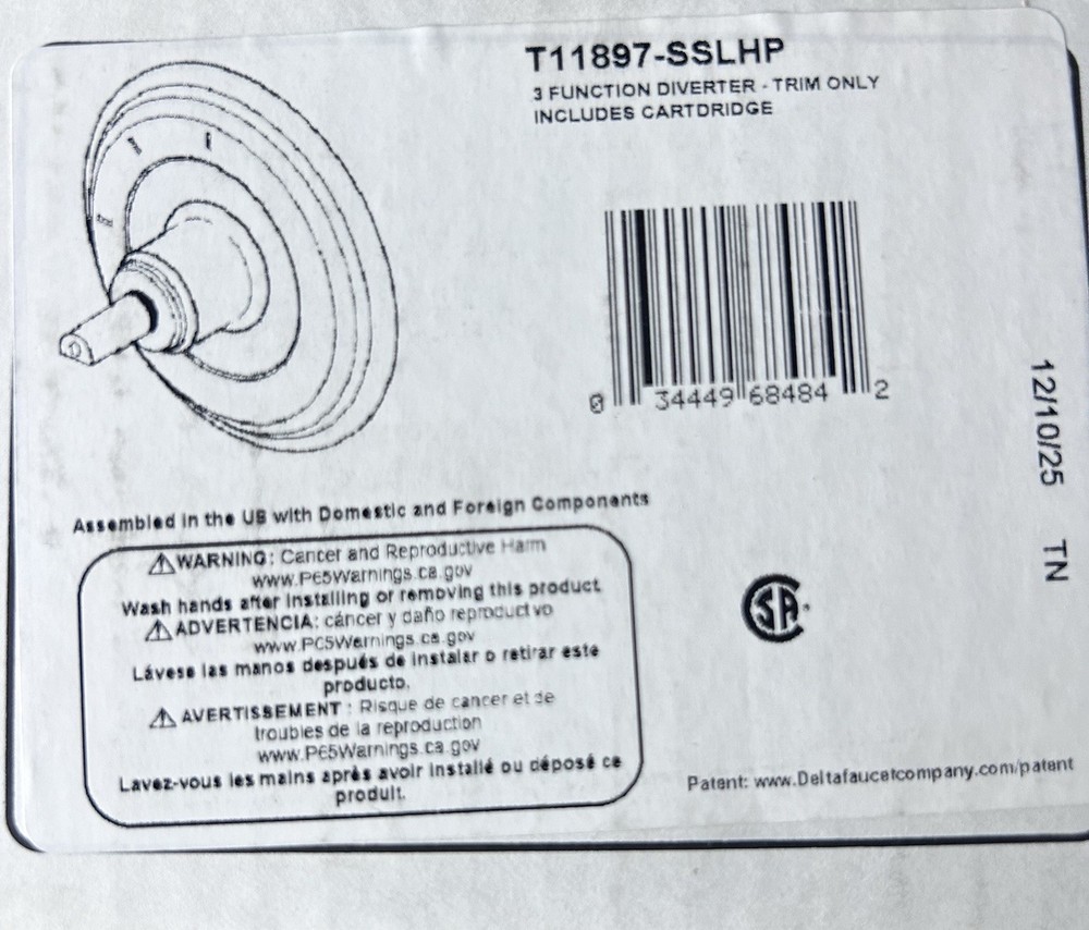 Delta T11897-SSLHP 3 Function Diverter Trim Only with Cartridge, New - Open Box