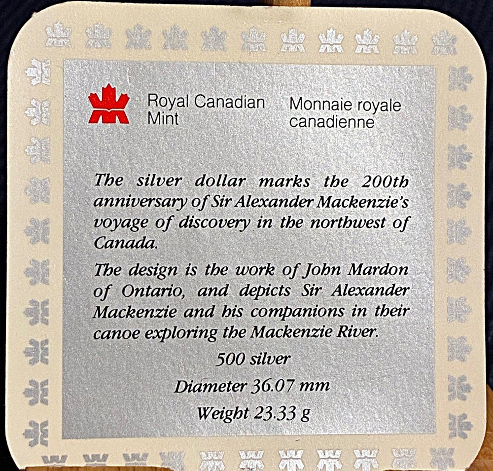1989 Canada Silver Dollar – Mackenzie River Commemorative