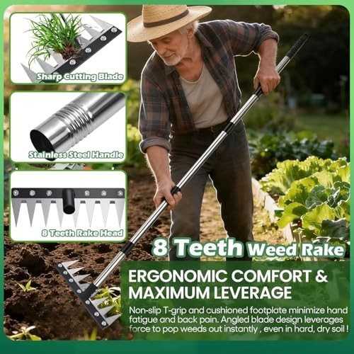 60" Long Handle Weed Puller Tool - 3-in-1 Heavy Duty Weeding Rake & 2 Heads for