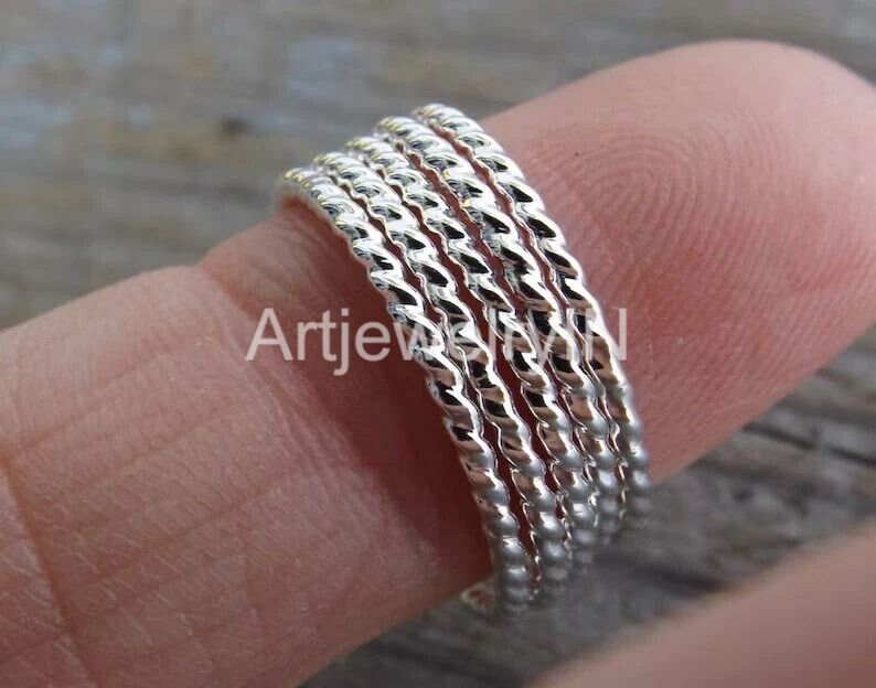 Thin Sterling Silver Stackable Rope Ring set of 5, Silver Stacking Ring All size