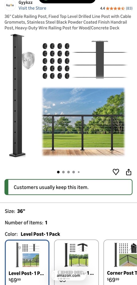 36" Cable Railing Post, Fixed Top Level Drilled Line Post w/Cable Grommets,