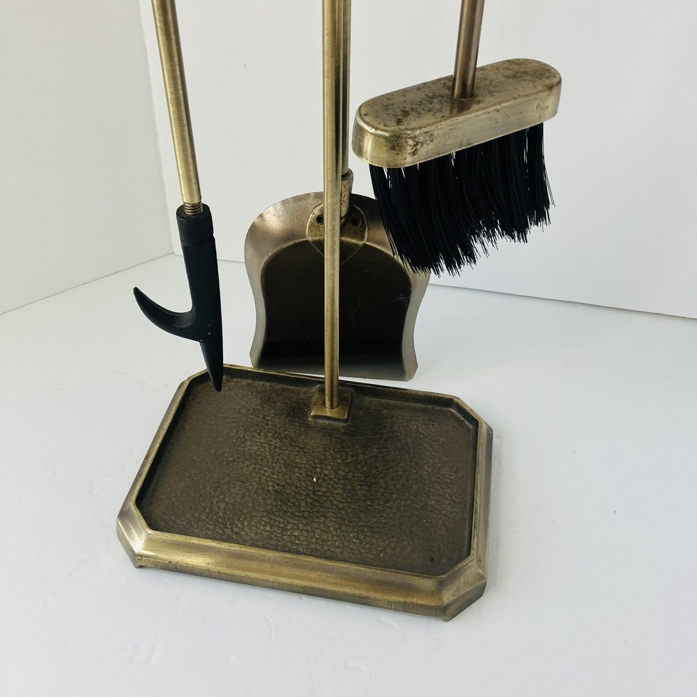 Vintage Solid Hammered Brass 3 Piece Fireplace Tool Set w/ Stand Bronze Metallic