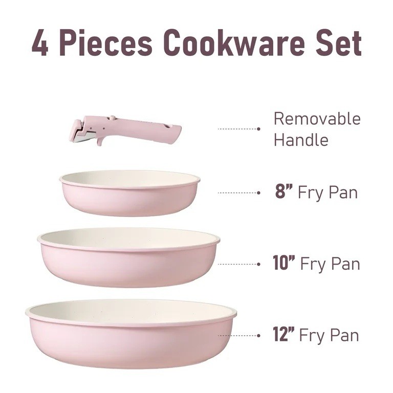 4Pc Nonstick Cookware Set Pink Detachable Handle Pots Pans Stackable Kitchen