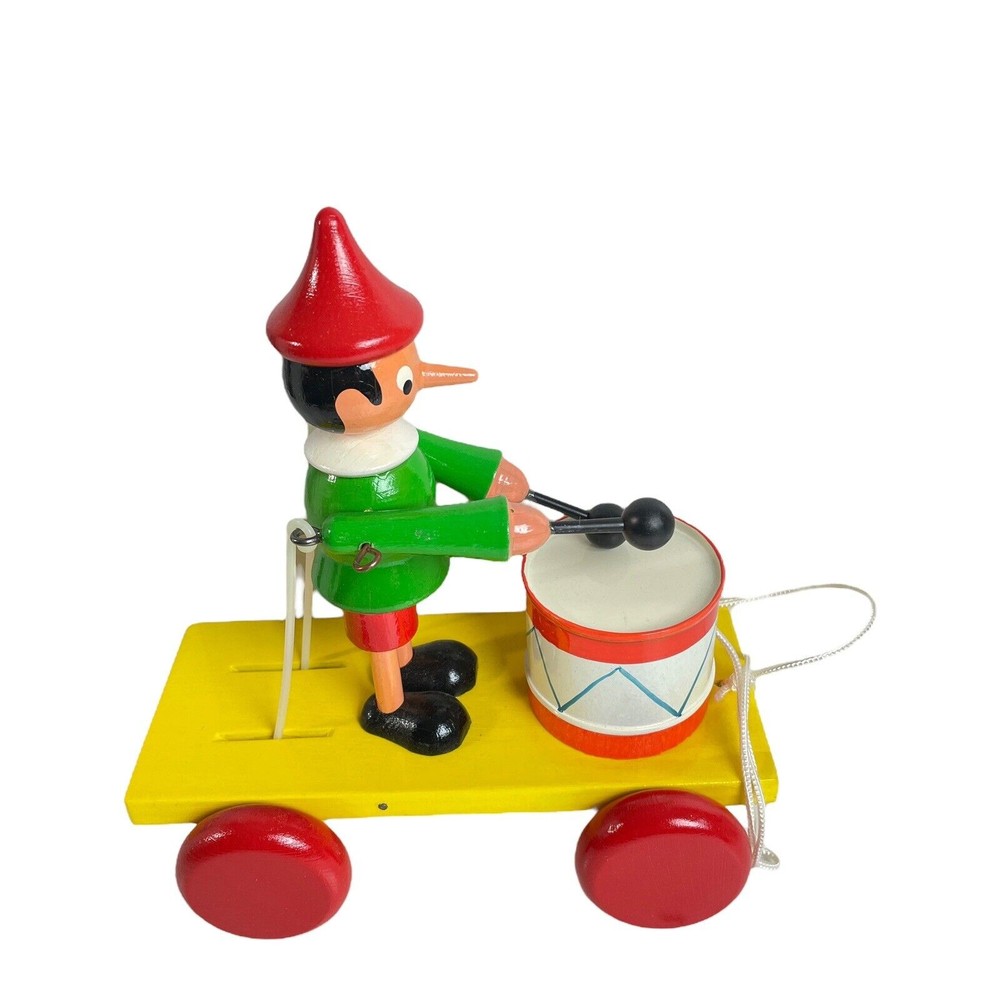 Wooden Pinocchio Playing Drum Pull String Children's Toy