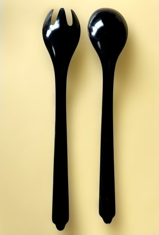 Black plastic salad server set with tongs, spoon, fork, 26" used