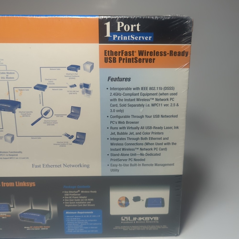 Linksys EtherFast Wireless Ready USB 1 Port PrintServer PPS1UW Sealed