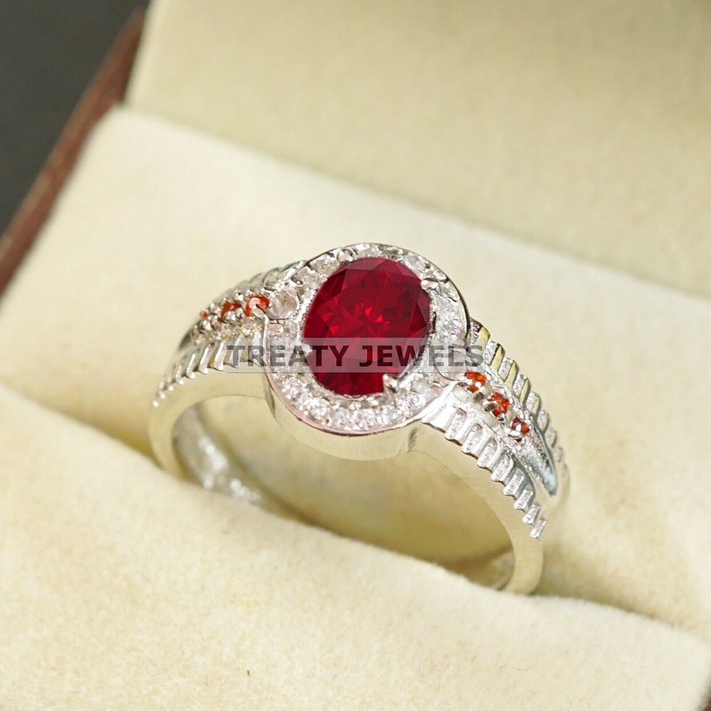 Ruby Oval Cut With 14K Solid White Gold Ring For Men's #B522