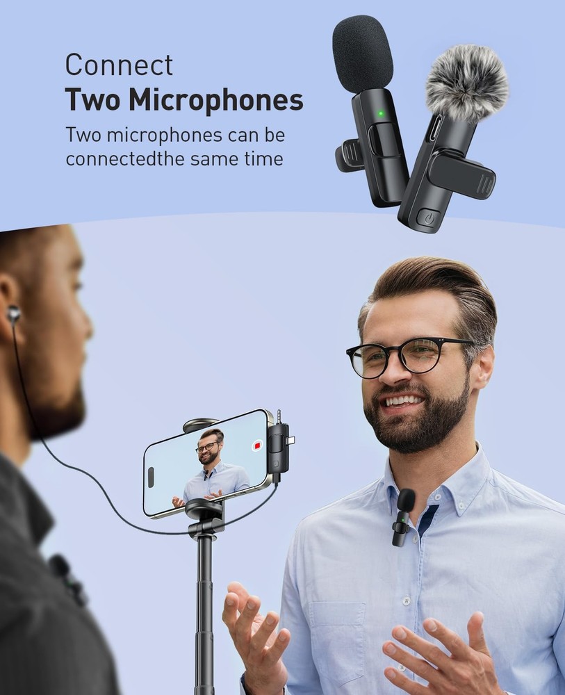 3-in-1 Mini Microphone for iPhone: Wireless Lavalier Microphone with 80ft Ran...