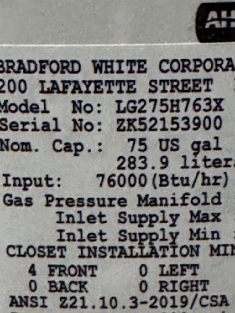 75 Gallon commercial water heater LP gas 76,000 BTU LG275H763X Bradford White