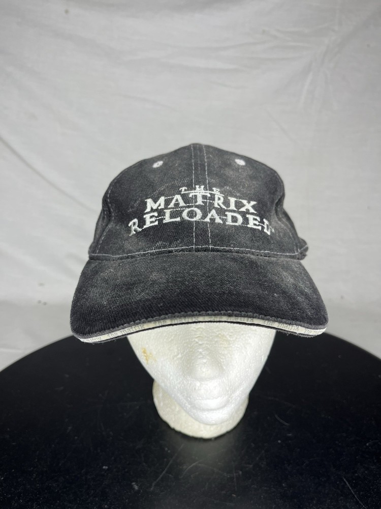 The MATRIX Reloaded Black Baseball Cap w White Stitch + Adjustable Strap Used