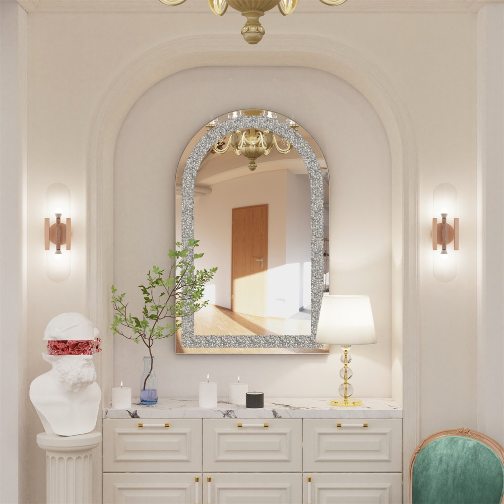 Crystal Decorative Mirror for Wall Arched Gorgeous Silver Crush Diamond Mirror
