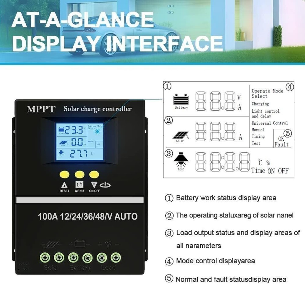 100A MPPT Solar Charge Controller LCD Display Battery Intelligent Regulator