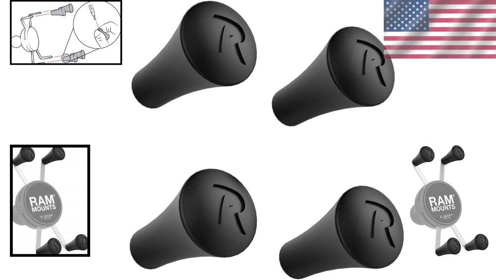 RAM X-Grip Replacement Caps - 4-Pack Black Rubber with Adhesive Mounting
