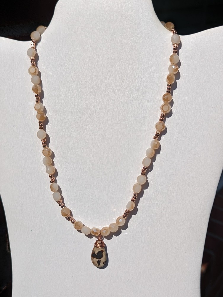 Wire-wrapped Painted Jasper Pendant on Beaded Necklace