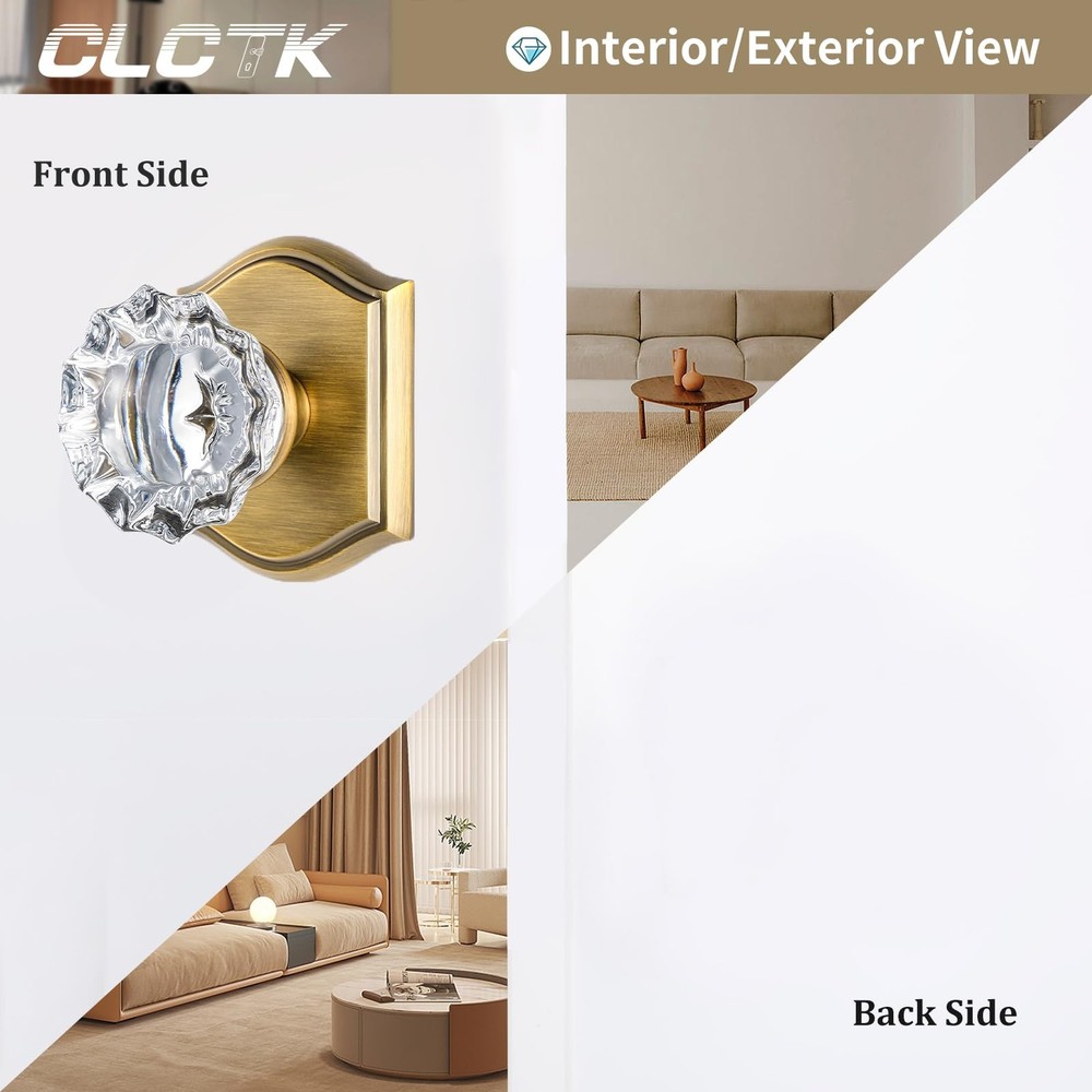 CLCTK 2 Pack Crystal Glass Dummy Door Knobs, (2 Pack), Antique Brass