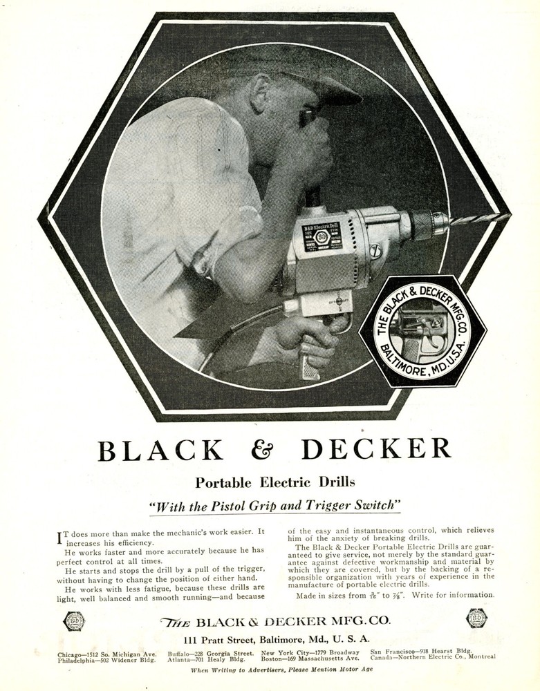 1919 Orig Black & Decker Ad. Portable Electric Drill. Work Easier, Efficiently