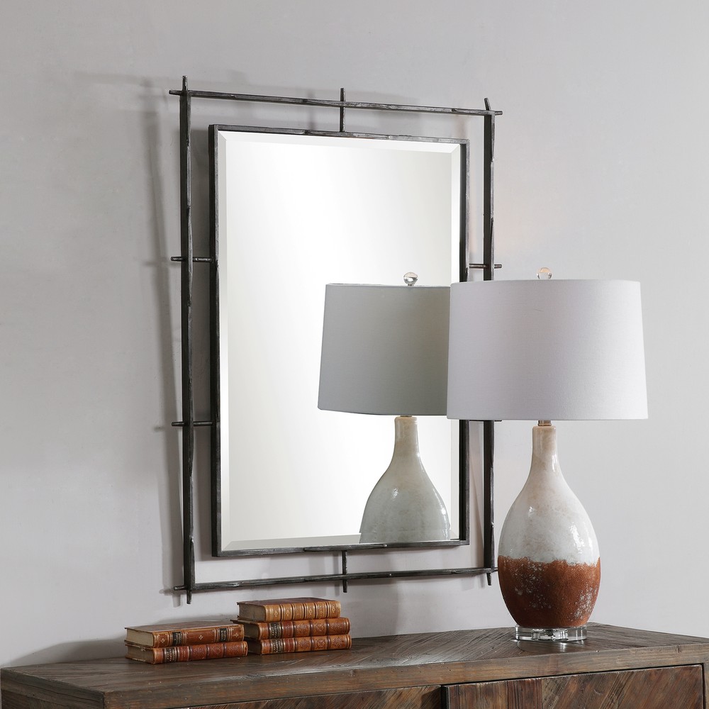 Industrial Style Iron Frame Wall Mirror 40in Open Minimalist Vanity Large Rustic