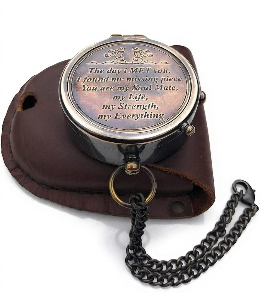 Maritime Treasures Brass Compass with Engraved Message and Leather Case
