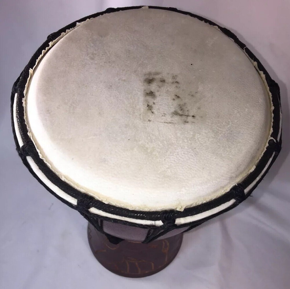 African Wooden DRUM, Standard Drumhead-11” High,Elephant Etchings