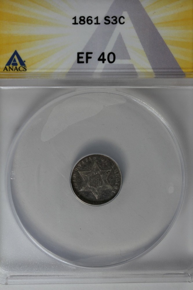 1861 .03 ANACS  EF 40 STAR AND SHIELD three cent (3c), Trime