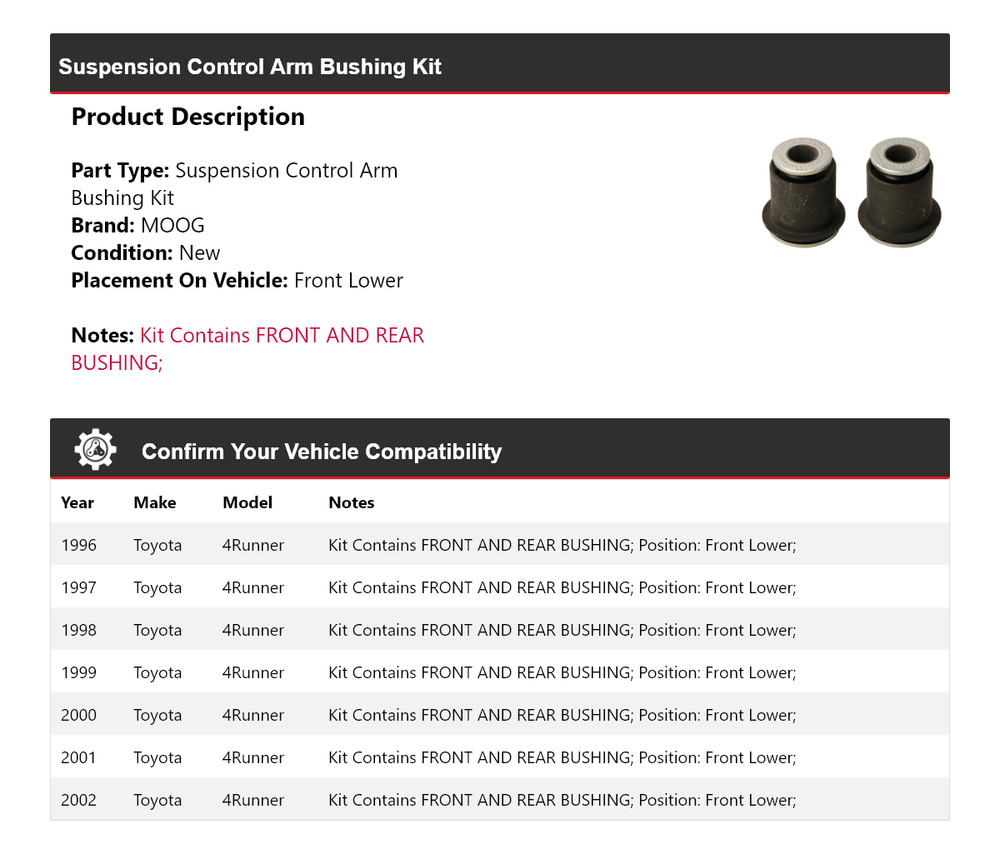 For 1996-2002 Toyota 4Runner Suspension Control Arm Bushing Kit Front Lower MOOG