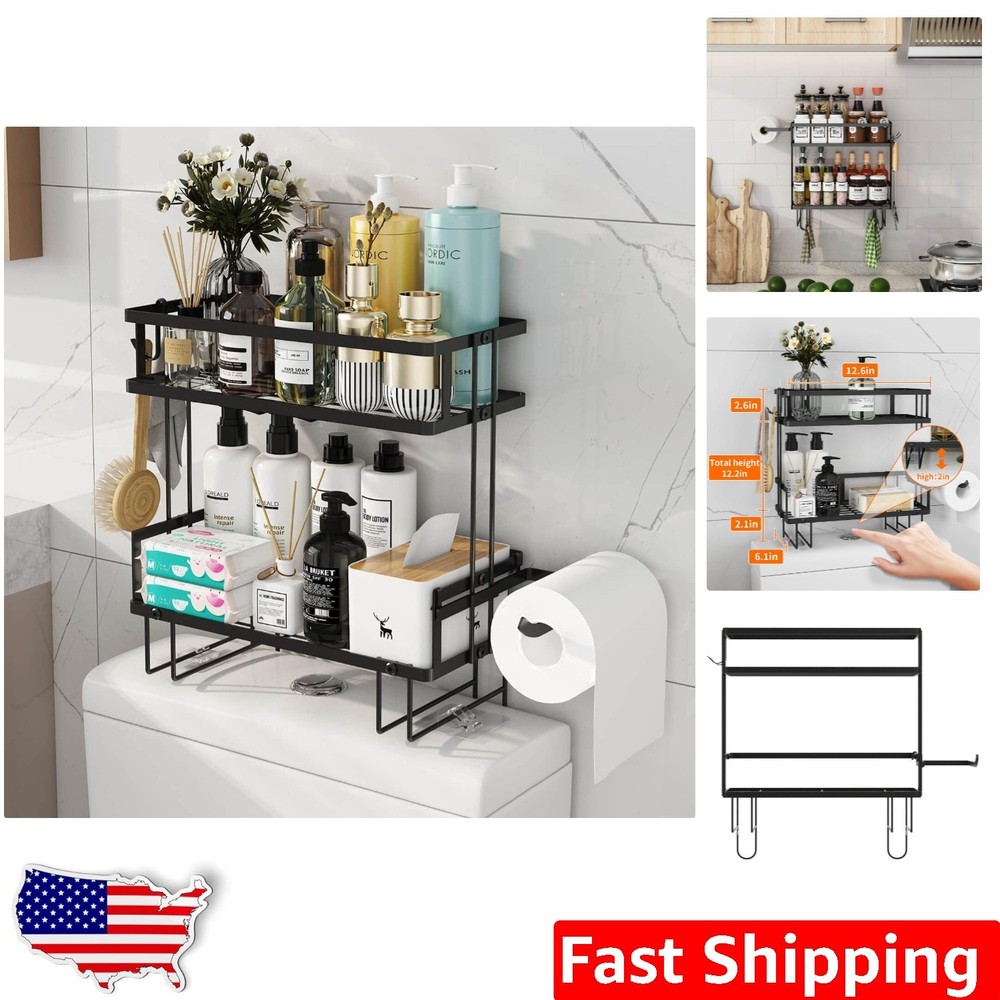 Space Saving 2-Tier Toilet Storage - Black Finish, Heavy Duty & Rust Proof