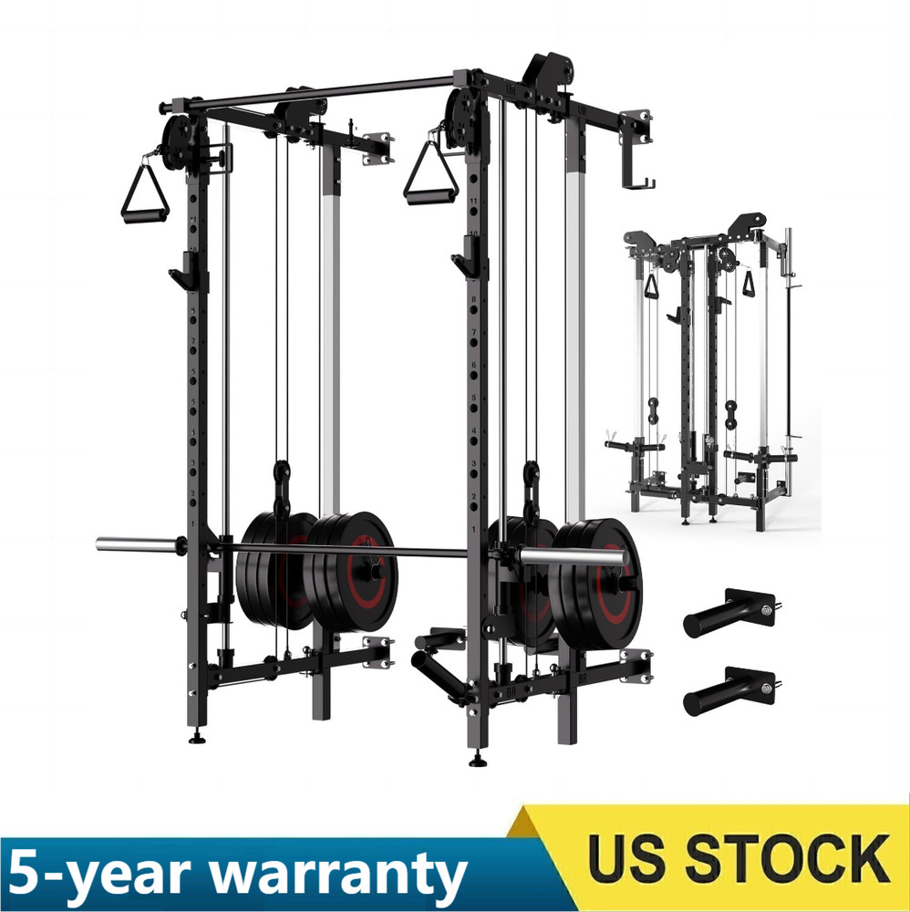 Wall Mount Smith Machine, Power Rack with Independent Dual Pulley System Workout